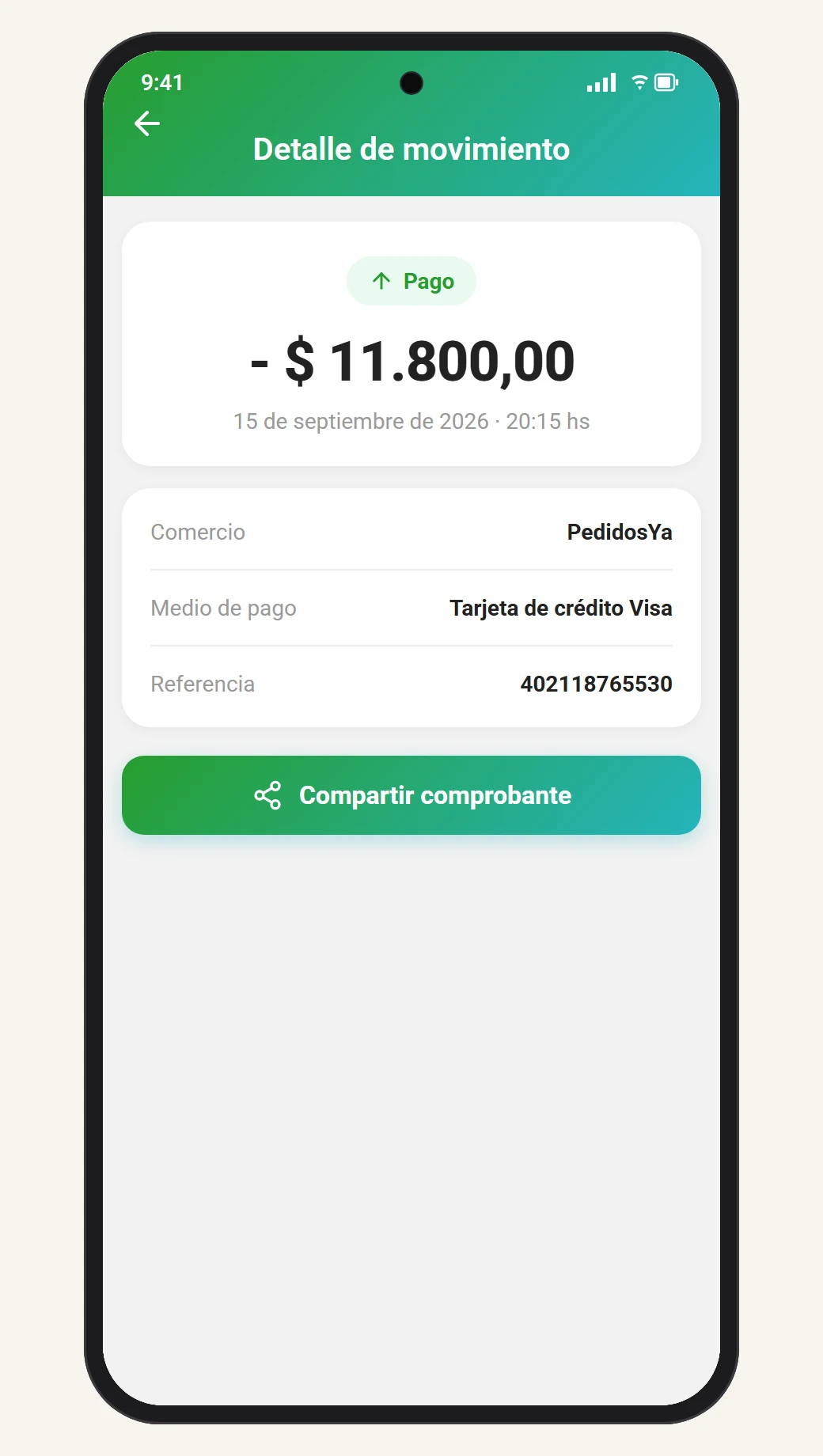Pantalla de detalle de un movimiento: etiqueta con el tipo de operación, el monto en grande, fecha y hora, filas con comercio, medio de pago y referencia, y el botón Compartir comprobante.
