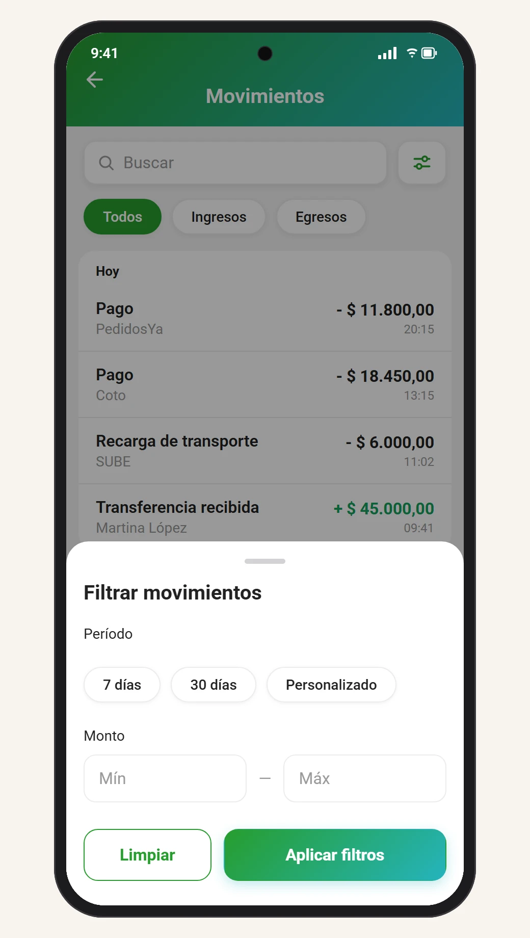 Panel de filtros desplegado desde abajo sobre el listado: período (7 días, 30 días, personalizado), monto mínimo y máximo, y los botones Limpiar y Aplicar filtros.