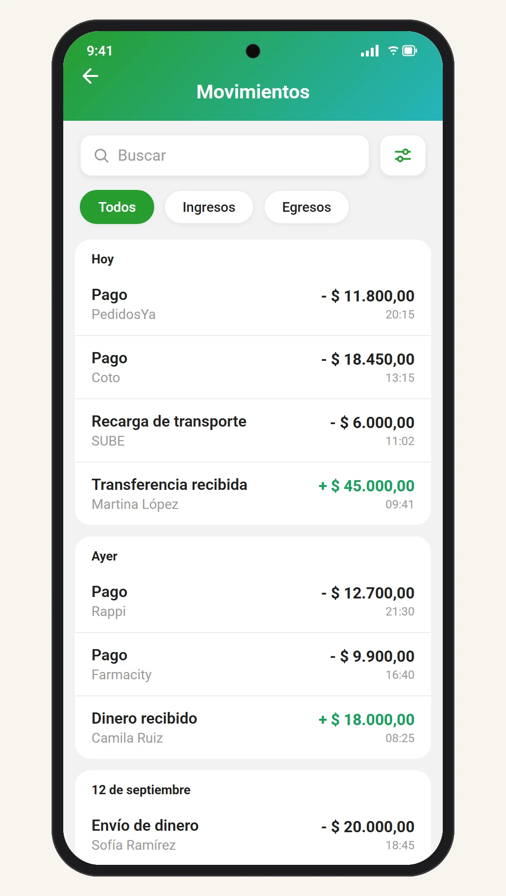 Pantalla de Movimientos rediseñada: buscador con botón de filtros, chips Todos / Ingresos / Egresos, y la lista agrupada por día. Cada fila dice el tipo de operación y la contraparte, con el monto con signo y el horario a la derecha.